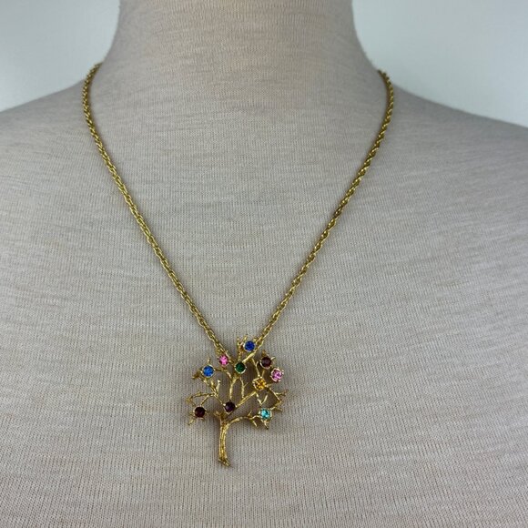 Vintage Rhinestone Gold Tone Tree of Life Family Tree Pendant Necklace - Picture 2 of 5